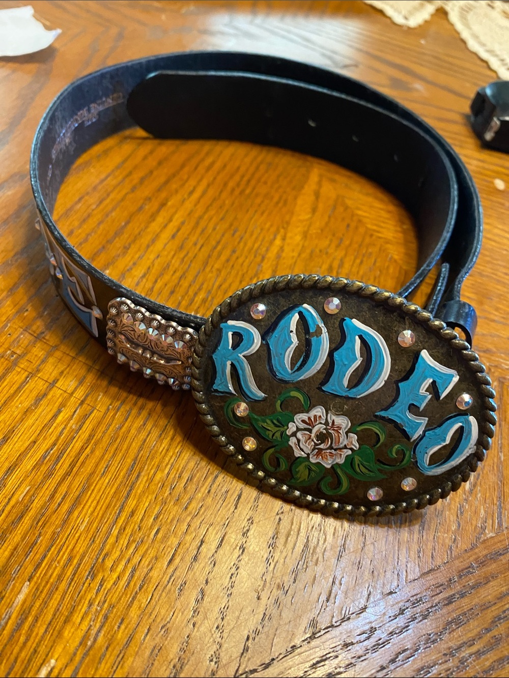 Hand painted Leather Rodeo Belt with Decorative Buckle - Black
